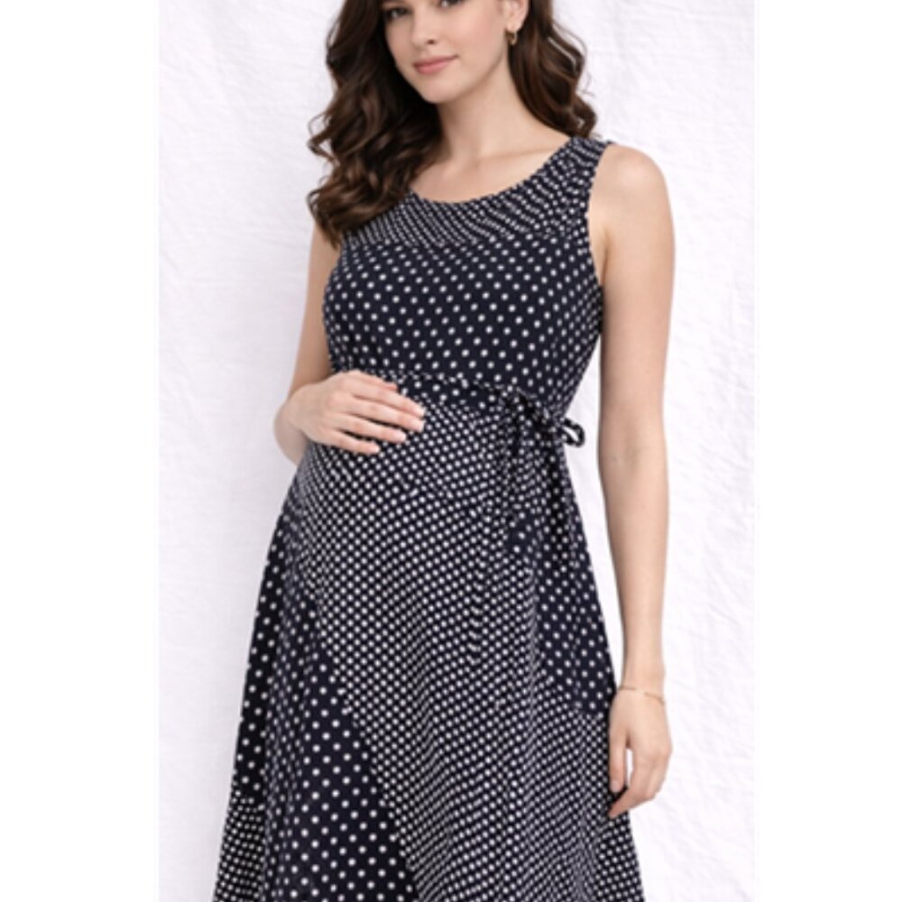 A PEA IN THE POD MATERNITY   BLUE-WHITE POLKA DOT GEOMETRIC MATERNITY DRESS SZ:M